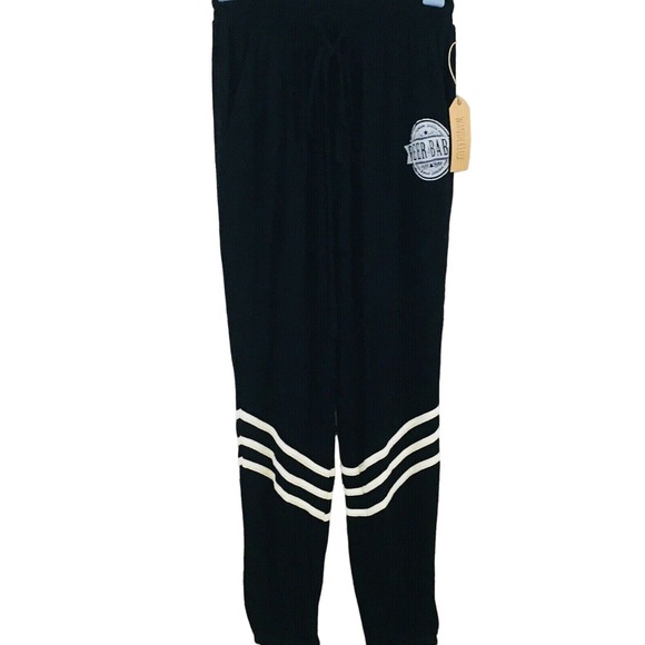 Womens XS‎ WanderLux Beer Babe Graphic Sweatpants Black White Joggers Drawstring - Picture 1 of 7